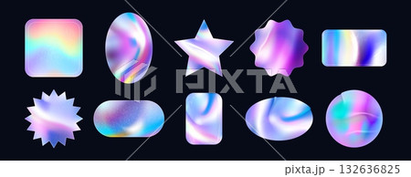 Techno sticker. Iridescent foil label. Holographic adhesive film. Shiny spectrum reflection. Textured color gradient material. Metallic Iridescent silver stamps and emblems. Realistic holo mockup set Techno sticker. Iridescent foil label. Holographic adhesive film. Shiny spectrum reflection. Textured color gradient material. Metallic Iridescent silver stamps and emblems. Realistic holo mockup set 132636825