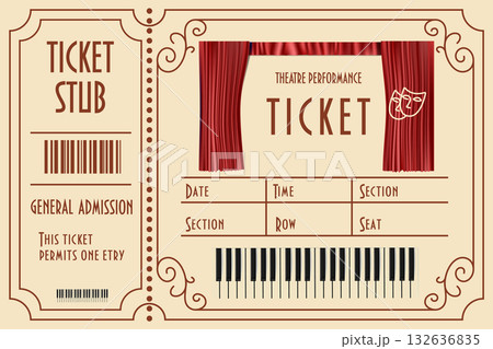 Vintage Theatre Ticket. A stylized admission pass with classic masks, musical notes. 132636835