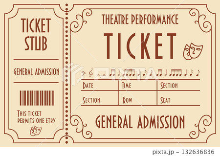 Vintage Theatre Ticket. A stylized admission pass with classic masks, musical notes, and elegant layout. Vintage Theatre Ticket. A stylized admission pass with classic masks, musical notes, and elegant layout. 132636836