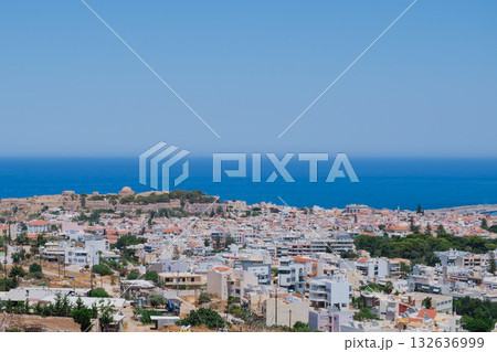 Panoramic view of the Greek city of Rethymno from a height on the island of Crete Greece. Residential buildings and the Aegean sea 132636999