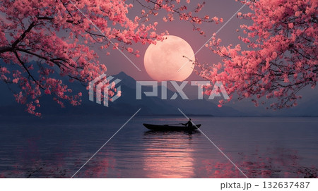 神秘的な東洋の湖と月 神秘的な東洋の湖と月 132637487