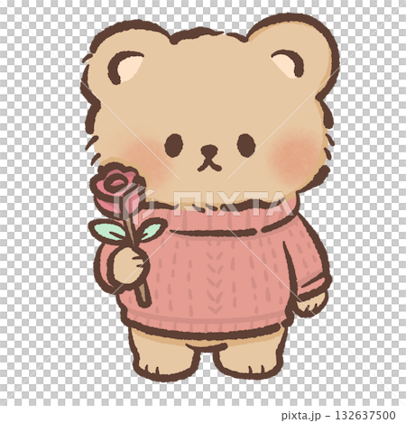 Cute Bear holding a rose Kawaii Valentine Couple Illustration Sweet Animal Love Art Cozy Winter Characters for Cards Stickers Kids Craft Design 132637500