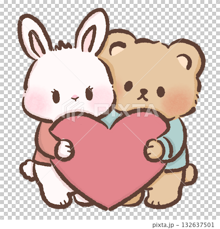Cute Bunny and Bear holding a giant heart Kawaii Valentine Couple Illustration Sweet Animal Love Art Cozy Winter Characters for Cards Stickers Kids Craft Design 132637501