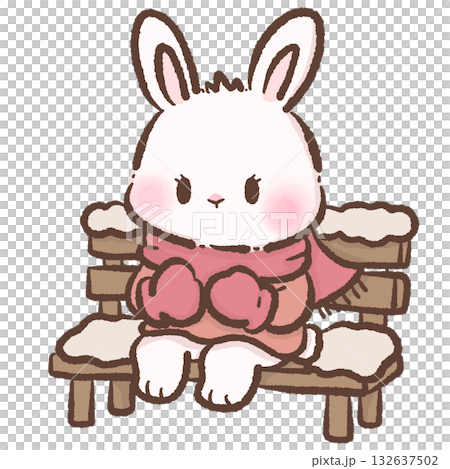 Cute Bunny sitting on a snow covered bench Kawaii Valentine Couple Illustration Sweet Animal Love Art Cozy Winter Characters for Cards Stickers Kids Craft Design 132637502