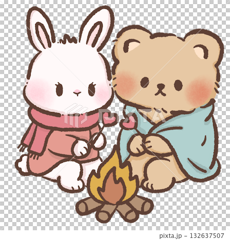 Cute Bunny and Bear roasting heart shaped marshmallow Kawaii Valentine Couple Illustration Sweet Animal Love Art Cozy Winter Characters for Cards Stickers Kids Craft Design Cute Bunny and Bear roasting heart shaped marshmallow Kawaii Valentine Couple Illustration Sweet Animal Love Art Cozy Winter Characters for Cards Stickers Kids Craft Design 132637507