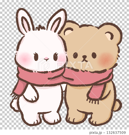 Cute Bunny and Bear tangled wrapped around in the same scarf Kawaii Valentine Couple Illustration Sweet Animal Love Art Cozy Winter Characters for Cards Stickers Kids Craft Design Cute Bunny and Bear tangled wrapped around in the same scarf Kawaii Valentine Couple Illustration Sweet Animal Love Art Cozy Winter Characters for Cards Stickers Kids Craft Design 132637509
