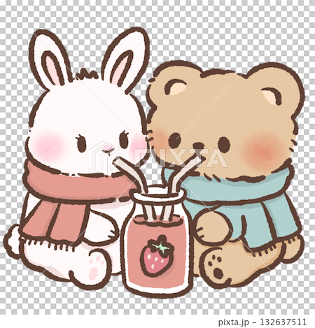 Cute Bunny and Bear Sharing Strawberry Drink Kawaii Valentine Couple Illustration Sweet Animal Love Art Cozy Winter Characters for Cards Stickers Kids Craft Design 132637511
