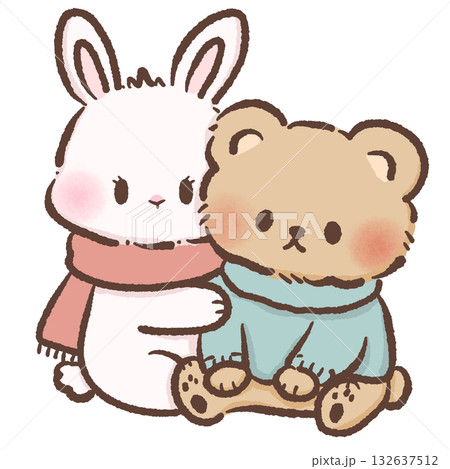 Cute Bunny and Teddy Bear Cuddling Cozy Winter Scarf Sweater Kawaii Animal Couple Illustration Love Romance Character Art for Valentine Cards Kids Stickers Craft Projects Cute Bunny and Teddy Bear Cuddling Cozy Winter Scarf Sweater Kawaii Animal Couple Illustration Love Romance Character Art for Valentine Cards Kids Stickers Craft Projects 132637512