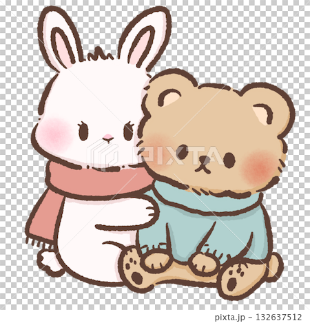 Cute Bunny and Teddy Bear Cuddling Cozy Winter Scarf Sweater Kawaii Animal Couple Illustration Love Romance Character Art for Valentine Cards Kids Stickers Craft Projects 132637512