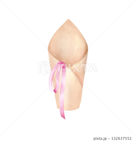 Craft cone with pink ribbon for one flower, mono bouquet. Floral wrap pack in rustic style. Watercolor empty blank clip art. Beige opened paper cup art. Illustration isolated from background. 132637552