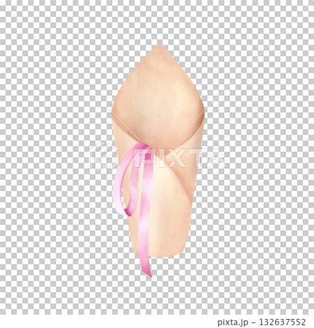 Craft cone with pink ribbon for one flower, mono bouquet. Floral wrap pack in rustic style. Watercolor empty blank clip art. Beige opened paper cup art. Illustration isolated from background. 132637552