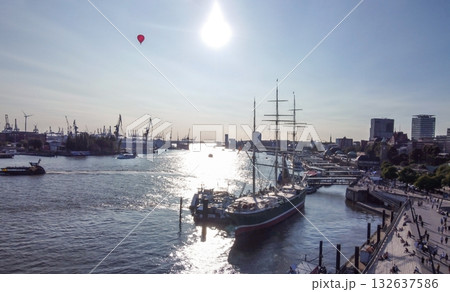 Norderelberiver (Elbe river) in last days of summer in Hamburg. SUN SHINY  IN WATER OF Elbe river 132637586
