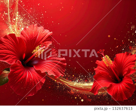 情熱的な赤い背景に煌めくハイビスカスやヤシの木のシルエットがムードある背景 情熱的な赤い背景に煌めくハイビスカスやヤシの木のシルエットがムードある背景 132637613