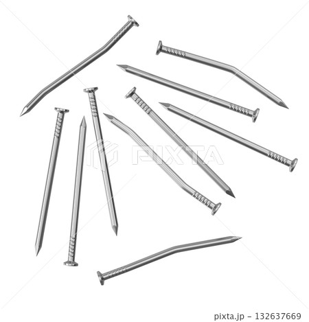 Scattered Metal Nails on White Background 132637669