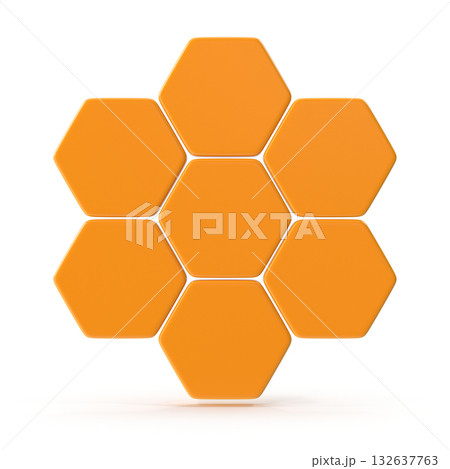 Seven Interconnected Orange Hexagons in a 3D Cluster 132637763