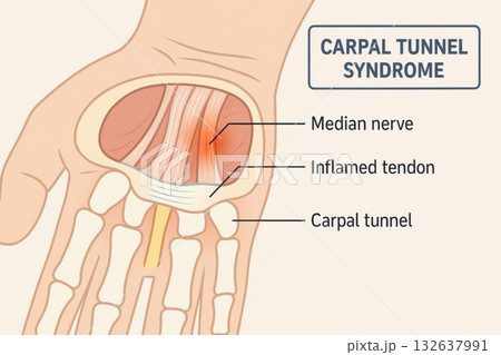 Medical infographic showing carpal tunnel syndrome, painful condition from median nerve compression and inflamed tendon inside wrist tunnel. detailed cross section of hand anatomy 132637991