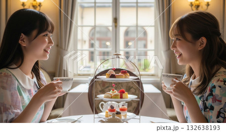 アフタヌーンティーを楽しむ若い女性 アフタヌーンティーを楽しむ若い女性 132638193