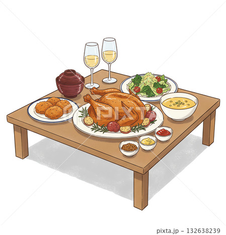 食卓の上に並ぶクリスマスのごちそうとワインイラスト 132638239