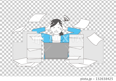A woman in a suit holding her head due to overtime and overwork A woman in a suit holding her head due to overtime and overwork 132638425