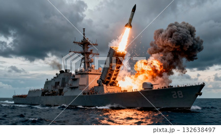 Naval Destroyer Ship Firing Missiles During Combat Exercise 132638497