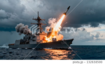 Naval Destroyer Ship Firing Missiles During Combat Exercise 132638500