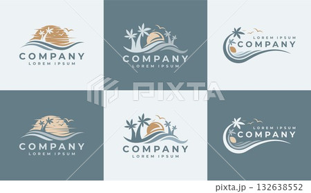 Luxury ocean sunset palm wave logo design set 132638552