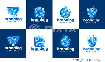 Flat 3D mineral water splash logo branding set Flat 3D mineral water splash logo branding set 132638570