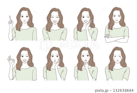 さまざまな表情をする女性のイラストセット　喜怒哀楽の感情表現 132638684