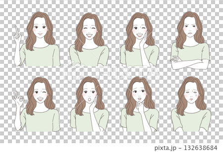 Illustration set of women with various facial expressions - emotions of joy, anger, sadness and happiness 132638684