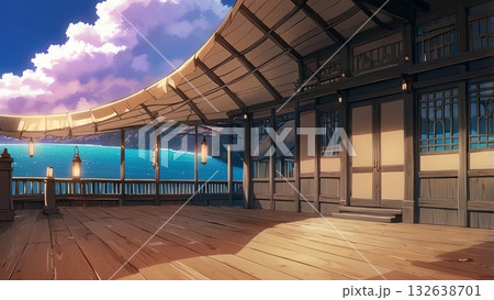 ゲーム背景 テラス席のある古代伝統的家屋風観光施設 ゲーム背景 テラス席のある古代伝統的家屋風観光施設 132638701