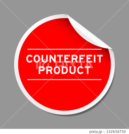 Red color peel sticker label with word counterfeit product on gray background Red color peel sticker label with word counterfeit product on gray background 132638730