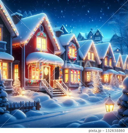 houses on snowy street decorated with festive lights for Christmas Holiday Season 132638860