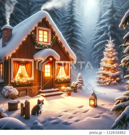 house on the edge of a winter forest covered with snow with glowing holiday windows and lights 132638862
