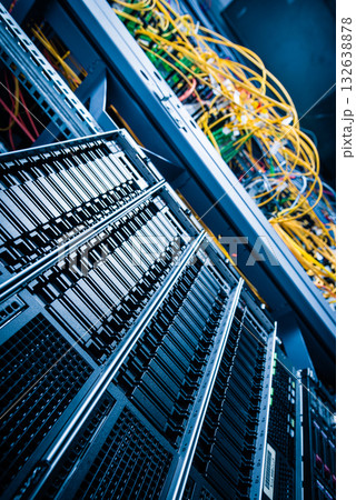 cluster of data storage SSD hard drives inside server rack 132638878