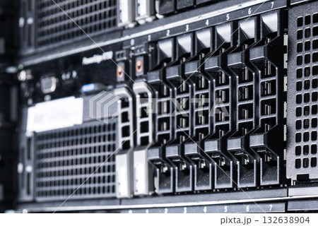 Array of data storage hard drives in internet data center 132638904