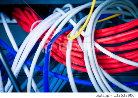 large group of UTP cables, Ethernet cables in rack cabinet, lead 132638906