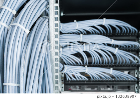 large group of UTP cables, Ethernet cables in rack cabinet, lead 132638907