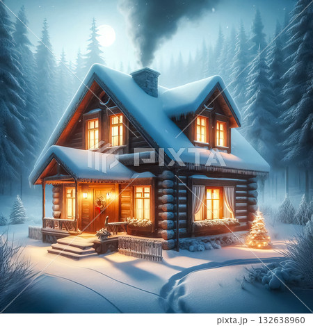 house on the edge of a winter forest covered with snow with glowing holiday windows and lights house on the edge of a winter forest covered with snow with glowing holiday windows and lights 132638960