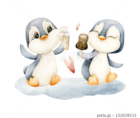 Cute Penguins sitting with ice cream hearts. Watercolor hand drawn illustration isolated on white background for north winter design Christmas or Valentine cozy card baby nursery kids holiday poster Cute Penguins sitting with ice cream hearts. Watercolor hand drawn illustration isolated on white background for north winter design Christmas or Valentine cozy card baby nursery kids holiday poster 132639513