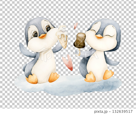 Cute Penguins sitting with ice cream hearts. Watercolor hand drawn illustration isolated on white background for north winter design Christmas or Valentine cozy card baby nursery kids holiday poster 132639517