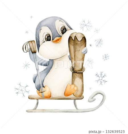 Cute Penguin sitting on sleigh with ski pole. Arctic North animal. Watercolor hand drawn illustration isolated on white background for winter design Christmas card baby nursery kids holiday czy poster 132639523