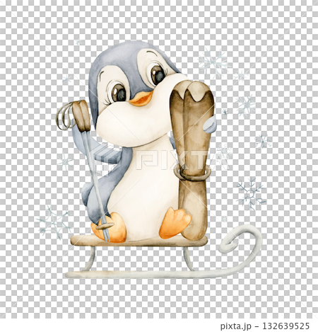 Cute Penguin sitting on sleigh with ski pole. Arctic North animal. Watercolor hand drawn illustration isolated on white background for winter design Christmas card baby nursery kids holiday czy poster Cute Penguin sitting on sleigh with ski pole. Arctic North animal. Watercolor hand drawn illustration isolated on white background for winter design Christmas card baby nursery kids holiday czy poster 132639525
