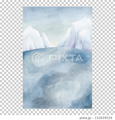 Winter landscape with blue sky and frozen ice rink mountains. North sea arctic minimalistic background. Watercolor hand drawn illustration for panoramic design Christmas card template holiday poster 132639529