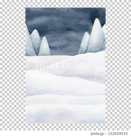 Winter landscape with white snowfield mountains night dark sky. North sea arctic minimalistic background. Watercolor hand drawn illustration panoramic design Christmas card template holiday poster 132639533
