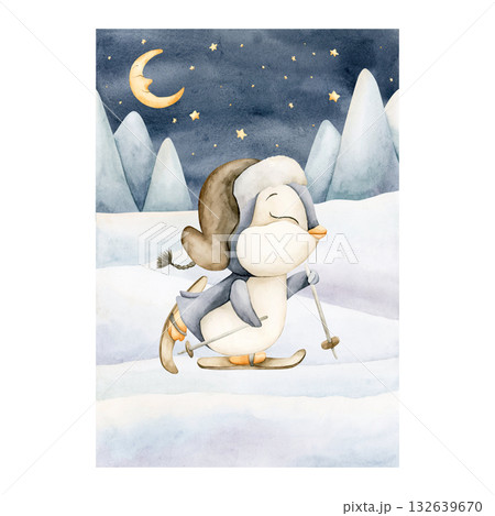 Cute Penguin skiing on snowfield. Arctic North animal. Watercolor hand drawn illustration isolated on white background for winter design Christmas card baby textile nursery poster kids holiday print 132639670