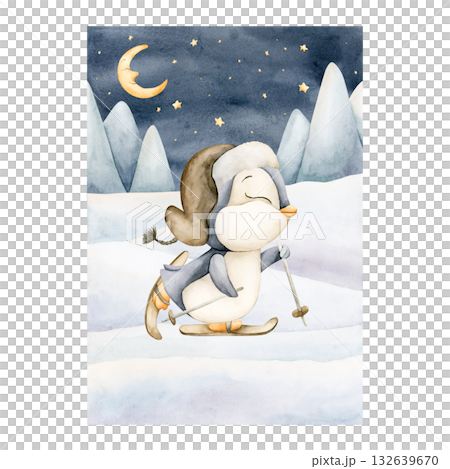 Cute Penguin skiing on snowfield. Arctic North animal. Watercolor hand drawn illustration isolated on white background for winter design Christmas card baby textile nursery poster kids holiday print 132639670