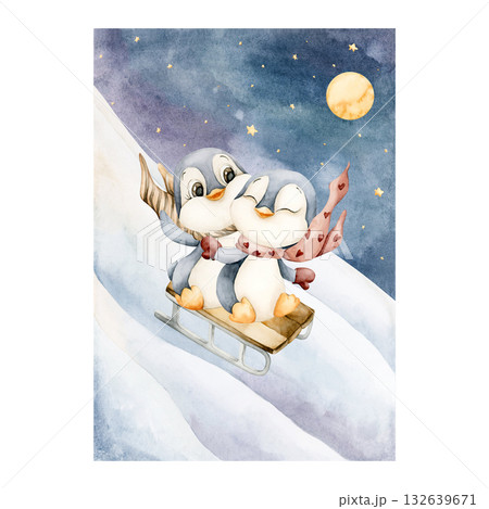 Cute penguins on sleigh roll down the snow mountain night dark sky. North arctic Watercolor hand drawn illustration for panoramic winter design Christmas card postcard kids nursery baby holiday poster 132639671
