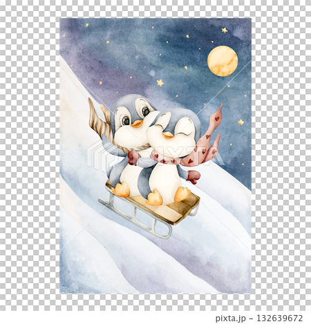 Cute penguins on sleigh roll down the snow mountain night dark sky. North arctic Watercolor hand drawn illustration for panoramic winter design Christmas card postcard kids nursery baby holiday poster 132639672