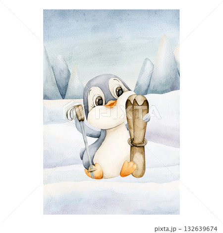 Cute Penguin with ski sitting on snowfield. Arctic North animal. Watercolor hand drawn illustration isolated on white background for winter design Christmas card baby poster nursery kids holiday print 132639674