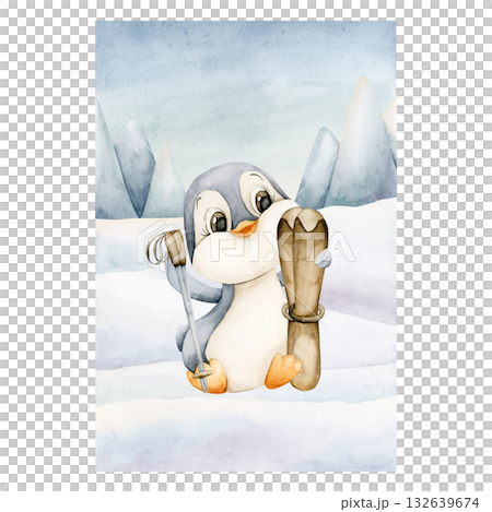 Cute Penguin with ski sitting on snowfield. Arctic North animal. Watercolor hand drawn illustration isolated on white background for winter design Christmas card baby poster nursery kids holiday print 132639674